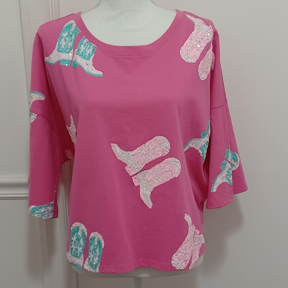 Peach Love California Sequin Cowboy Boots  Pink Blue Sz Med Oversized